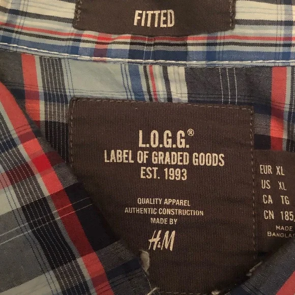 H&M L.O.G.G. Fitted Plaid Long Sleeve Button Down Shirt red white blue size XL - Picture 3 of 5